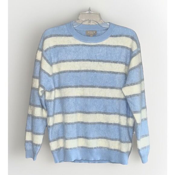 J.Crew Brushed Cashmere Relaxed Crewneck Sweater Striped Blue Ivory Grey Prep XS - Picture 2 of 15